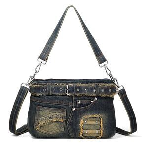 1673 Fashion Crossbody Bag Denim Purse with Rhinestones Y2K Jean Handbag